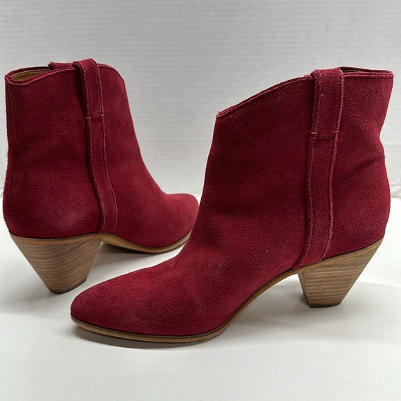 Frye Marley Ankle Boot Heeled Bootie Pull Tab Suede Shoes Raspberry Red Size 8 - Picture 1 of 9